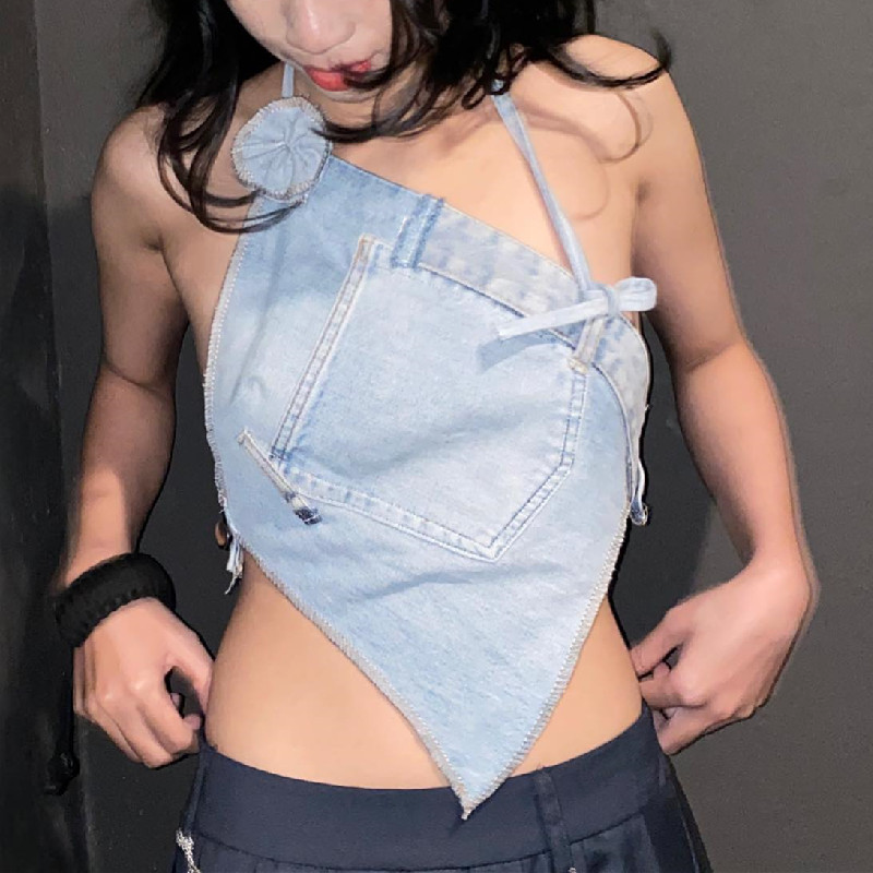 Women'S Sexy Halter Neck Irregular Denim Top