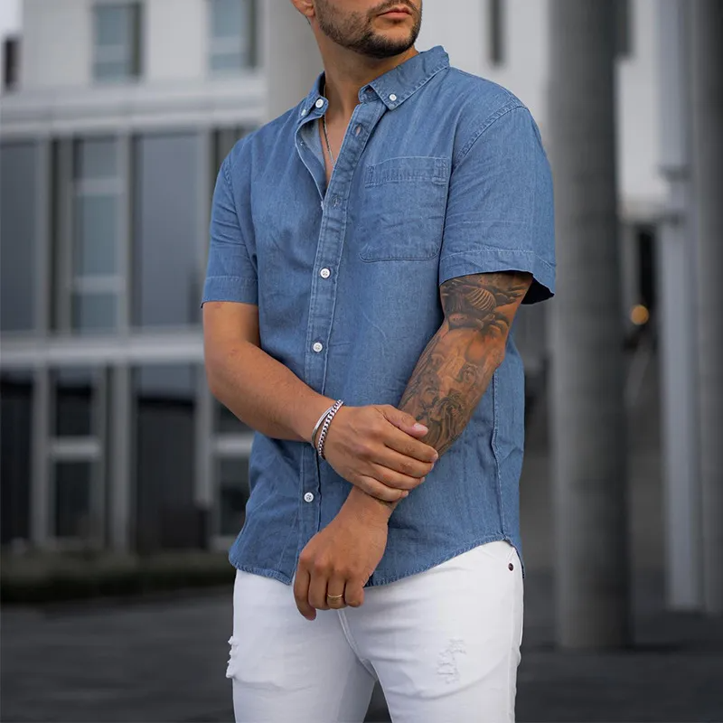 Men'S Fashion Solid Color Imitation Denim Short Sleeve Loose Shirt
