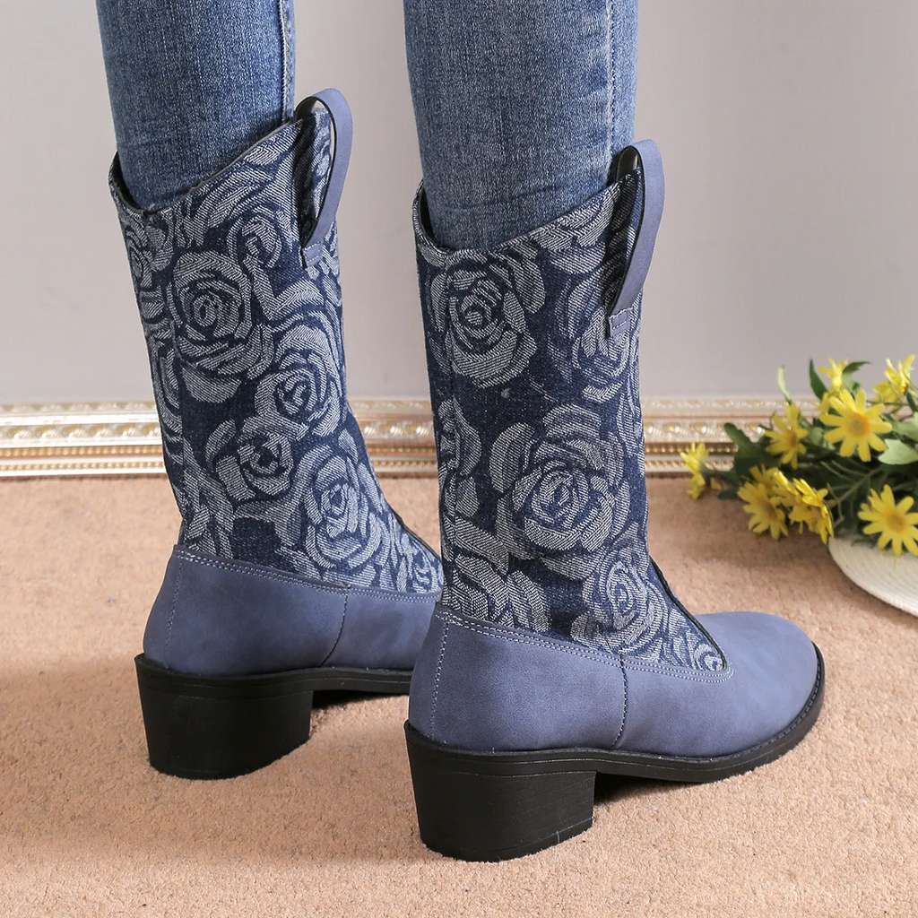 Women Fashion Vintage Plus Size Floral Embroidery Pointed Toe Mid-Calf Boots