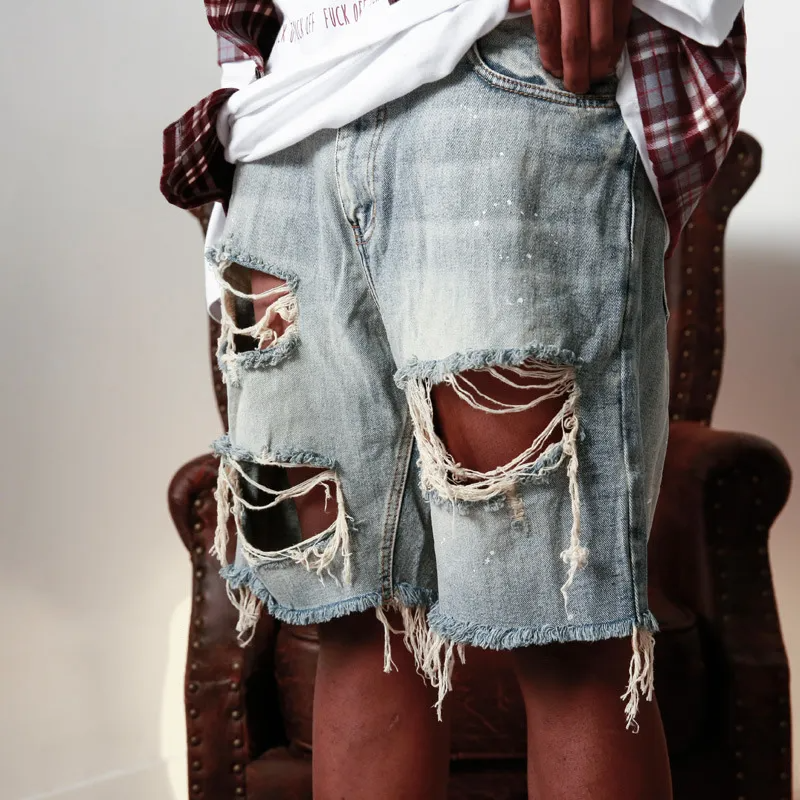 Ripped Men Shorts Straight Loose Beggar Hole Denim Shorts High Street Hip Hop Male Shorts Jeans