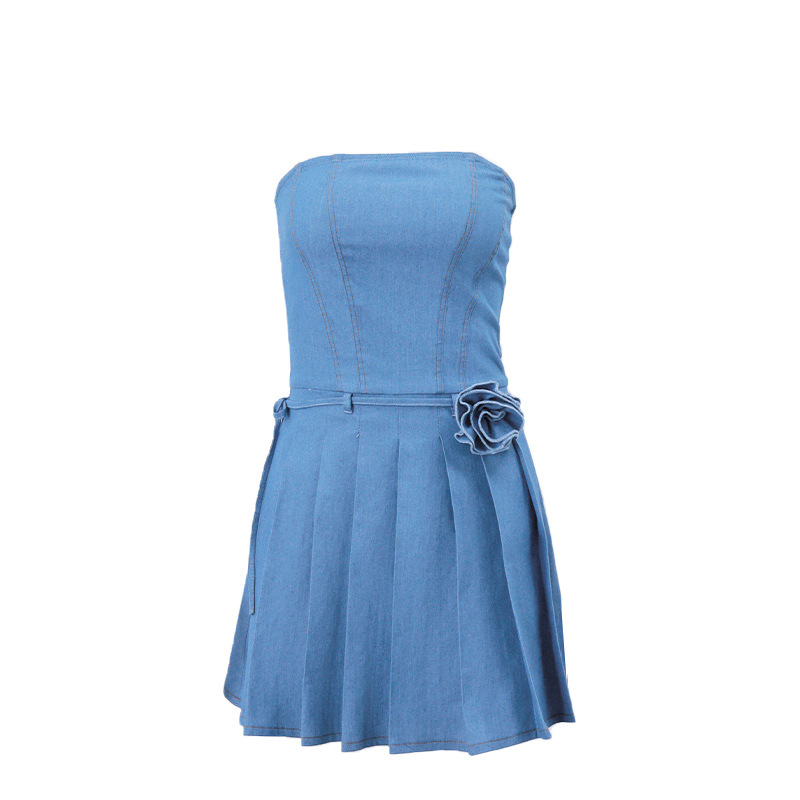 Women'S Fashion Sexy Boat Neck Tube Denim Pleated Skirt