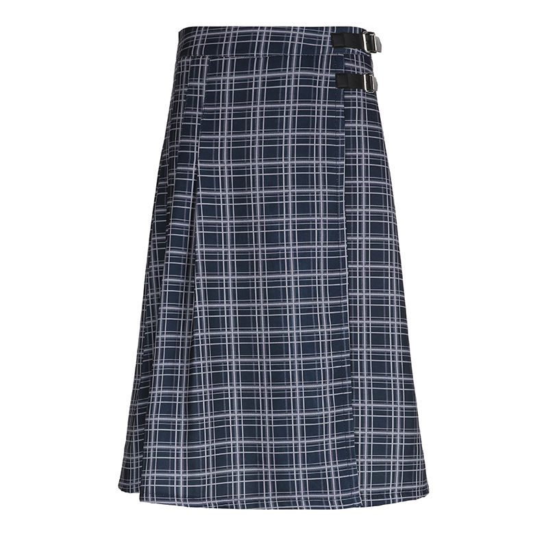 Women'S Fashion Retro High-Waist Metal Buckle Plaid Pleated Skirt