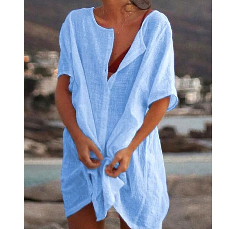 Women Fashion Casual Solid Color Beach Vacation Short Sleeve Loose Blouse Coverup