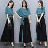 Women Elegant Bow Knot Half Sleeve Solid Color Chiffon Blouse And Wide Leg Pants Office Chic Set