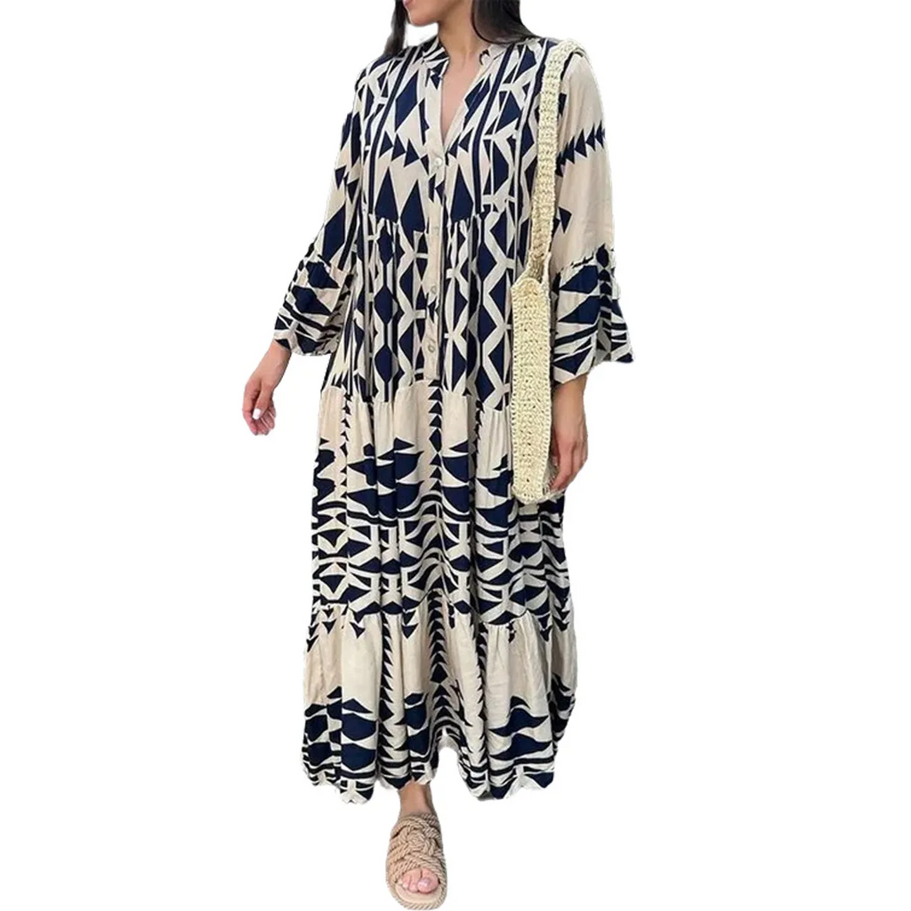 Ramadan /Eid Women Casual Boho Geometry Print V Neck Single-Breasted Loose Maxi Shirt Dress