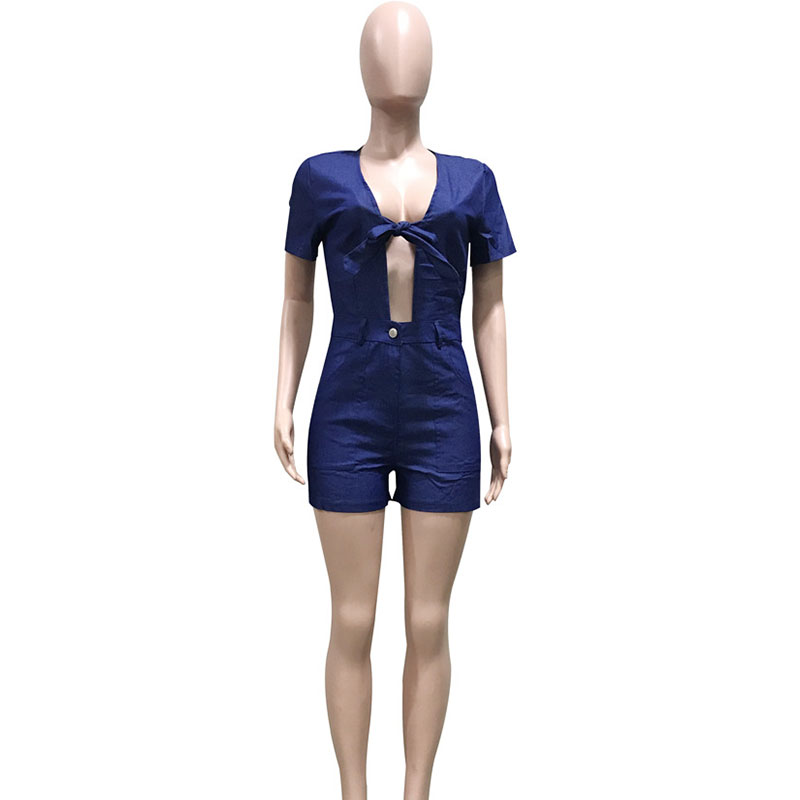 Women Sexy Knot Short-Sleeve Pocket Patchwork Denim Rompers