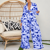 Women Printed Long Sleeve V Neck Tie Loose Wide Leg Jumpsuit