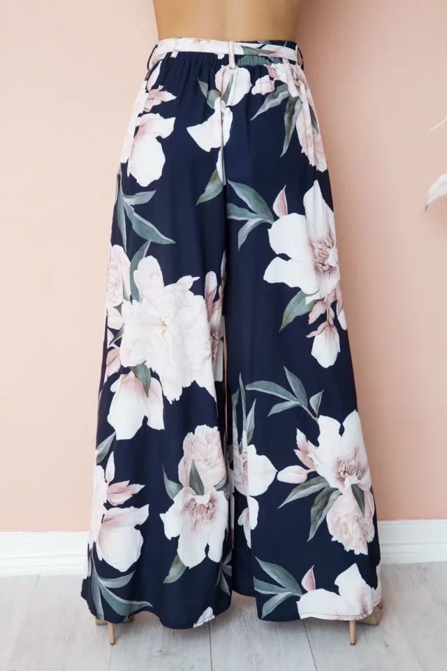 Women Simple Floral Printed High Waist Loose Casual Wide Leg Pants