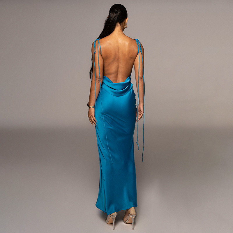 Women'S Temperament Sexy Satin Backless Slim Lace-Up Maxi Dress