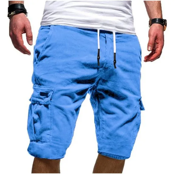 Men Casual Mid-Rise Solid Color Multi-Pocket Sports Shorts