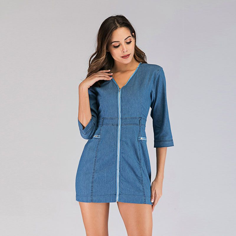 V Neck Zipper Bodycon Denim Dress