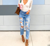 Women Autumn Ripped Straight Skinny Jeans