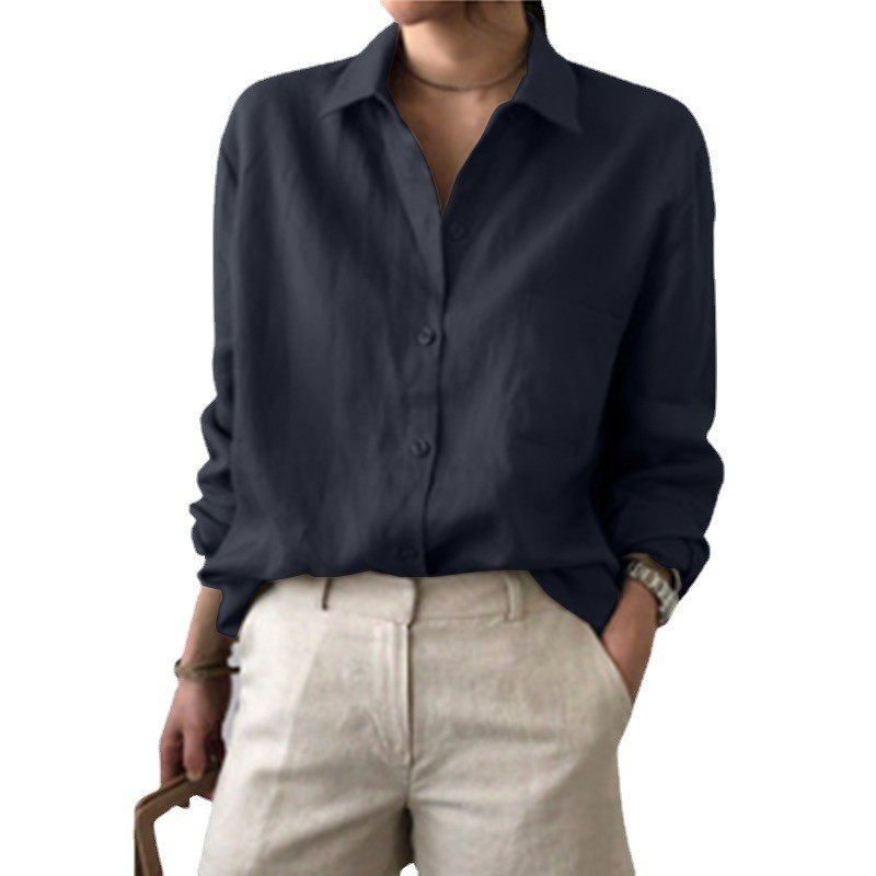 Solid Color Fashion Women Basic Solid Color Lapel Shirt Office Blouse