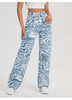 Women Fashion Loose Washed Geometric Pattern High Waist Wide Leg Jeans