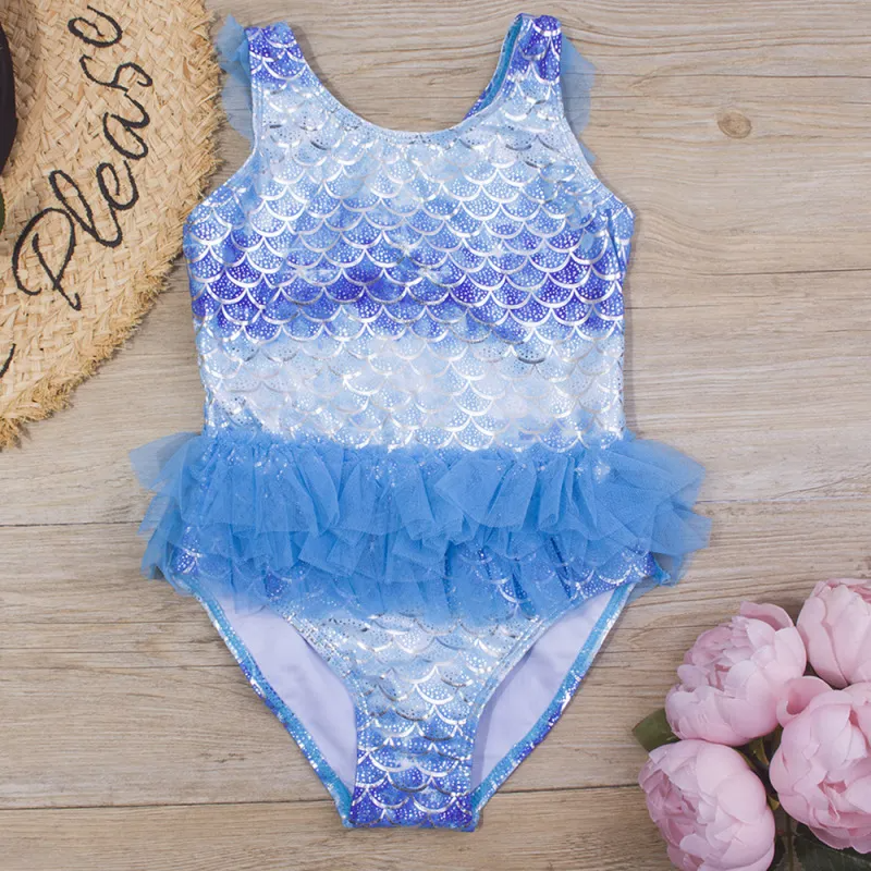 Children Kids Baby Fashion Girls Blue Mermaid Print Mesh One Piece Swimsuit