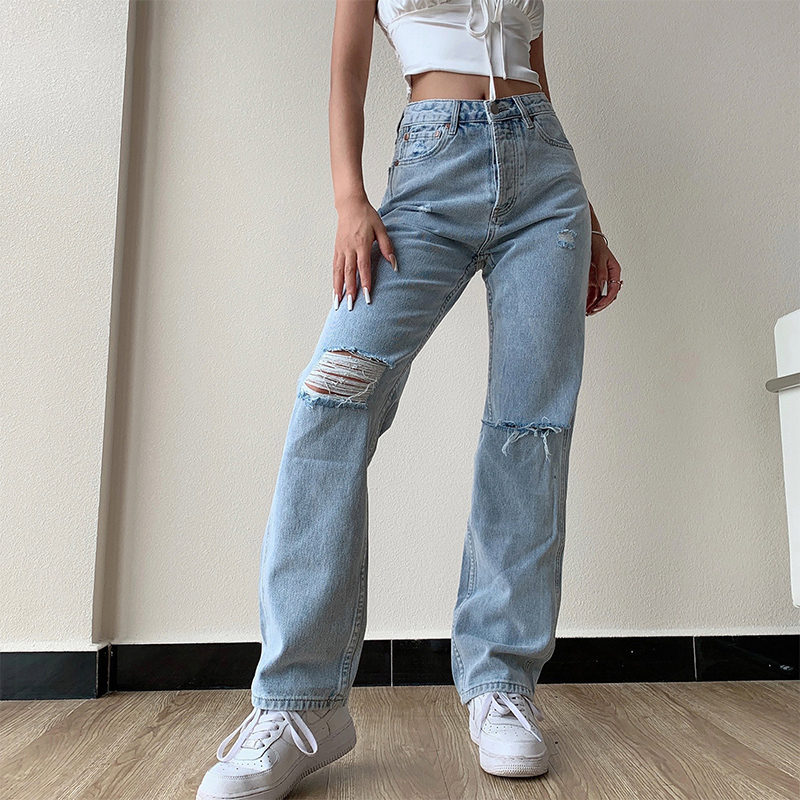 Women High Waist Mom Ripped Jeans Straight Denim Pants