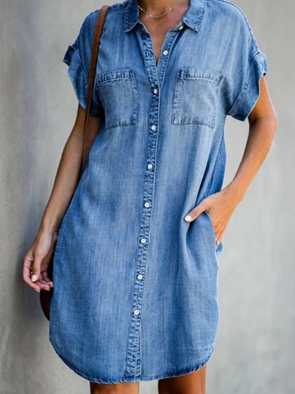 Women'S Fashion Short Sleeve Slim Lapel Single-Breasted Denim Dress