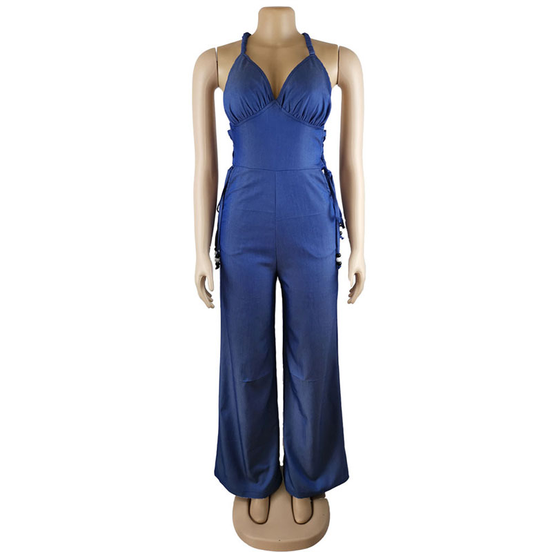 Women Sexy V-Neck Bandage Sling Loose Denim Jumpsuits