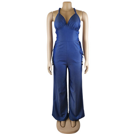 Women Sexy V-Neck Bandage Sling Loose Denim Jumpsuits