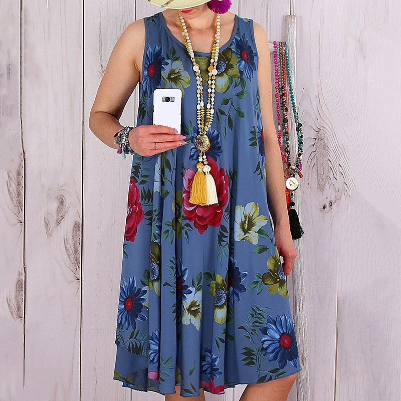 Round Neckline Sleeveless Floral Print Loose Casual Dress