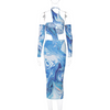 Women Fashion Sexy Ripple Printing Long Sleeve Cool-Shoulder Irregular Dress