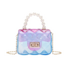 Kids Girls Cute Candy Color Transparent Gradient Pearl Decor Small Square Metal Chain Handle Crossbody Bag