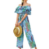 Women Fashion Vacation Leaf Printed Off-Shoulder Ruffles Holiday Defined Waist Fashion Casual Wide-Leg Jumpsuit