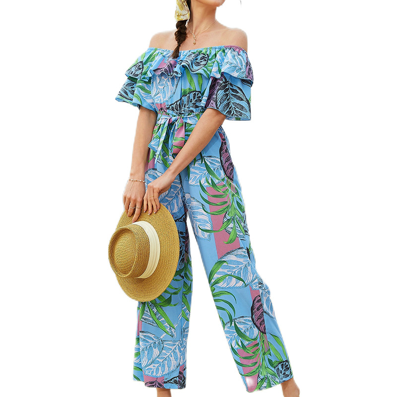 Women Fashion Vacation Leaf Printed Off-Shoulder Ruffles Holiday Defined Waist Fashion Casual Wide-Leg Jumpsuit