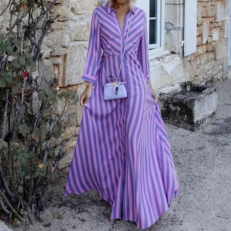 Women Ramadan /Eid Fashion Casual Stripe Long Sleeve Maxi Dress