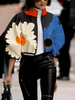 Spring And Autumn Women Fashion Elegant Polka Dot Floral Printed Short Top Crop Zipper Jacket