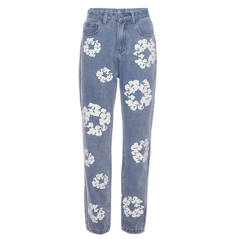 Women Fashion Daisy Print High Waist Straight Jeans