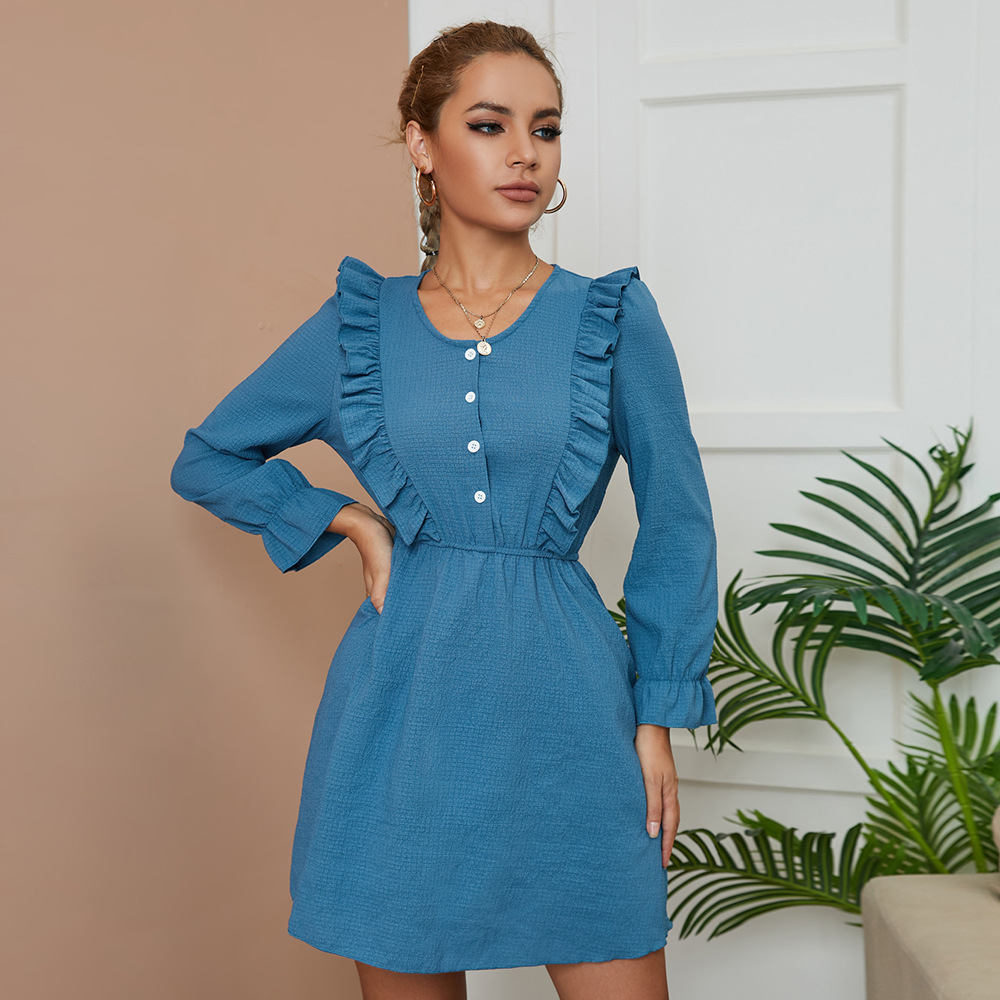 Women Sweet Bohemia Ruffled Round Neck Solid Color Long Sleeve Dress