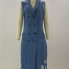 Women'S Fashion Double Breasted Long Sleeveless Denim Vest Overcoat