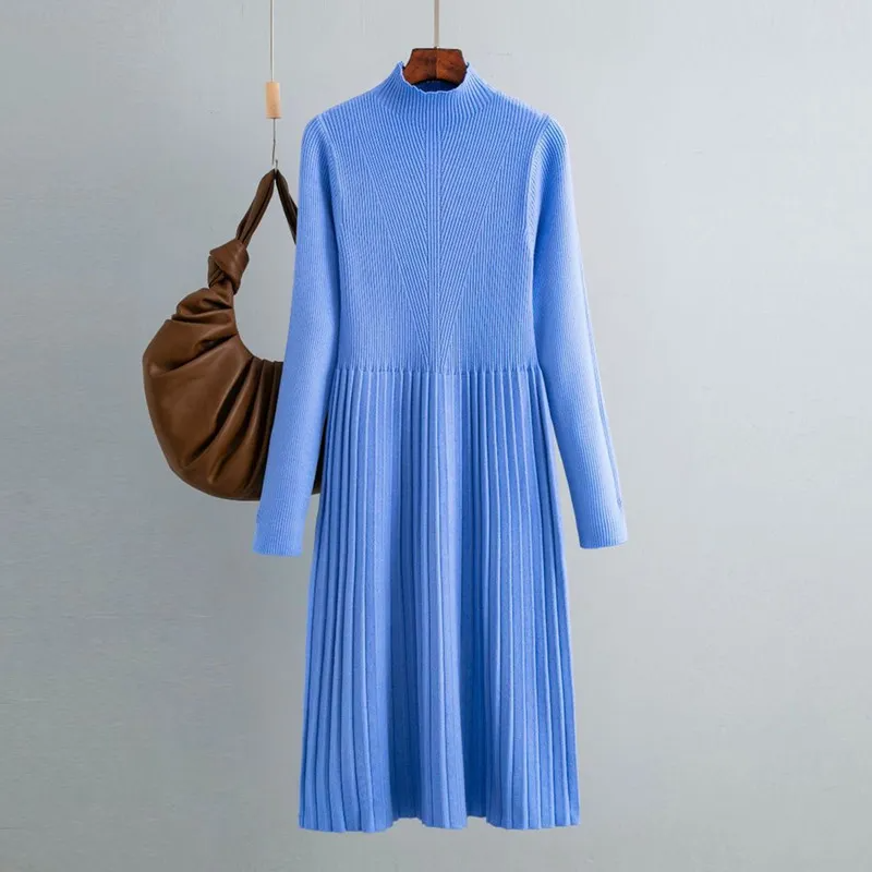 (Buy 1 Get 1) Women Elegant Autumn And Winter Solid Color High Collar Long Sleeve Knitted Pleated Dress