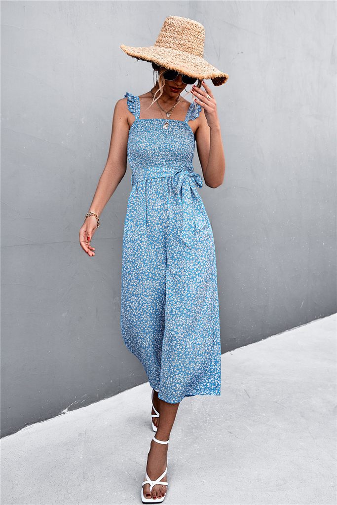 Women Bohemian Summer Ruffled Sleeves Bandage Tiny Flower Printed Loose Wide Legs Jumpsuits