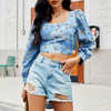 Women'S Fashion Puff Sleeve Tiny Flower Printing Square Neck Long Sleeve Denim Shirt