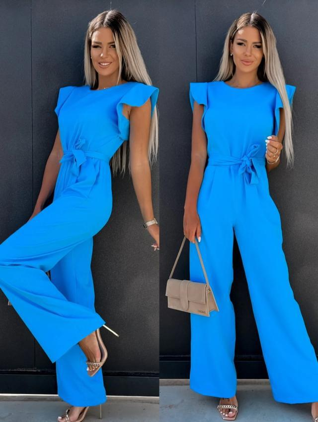 Women Round Neck Lotus Leaf Sleeve Waist Bandage Jumpsuit