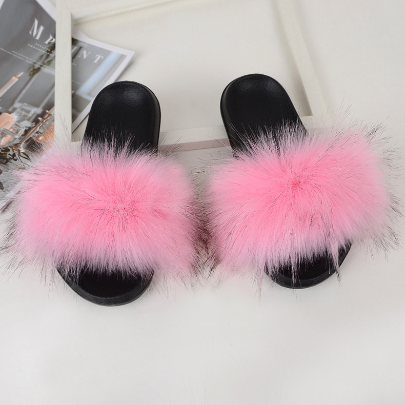 ( 2 pair ) Wholesale Women Winter Fashion Plus Size Faux Fox Fur Plush Flat Slippers