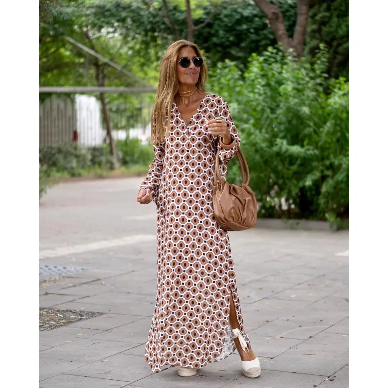 Ramadan /Eid Women Casual Boho Style Geometry Print Long Sleeve V Neck Side Slit Maxi Dress