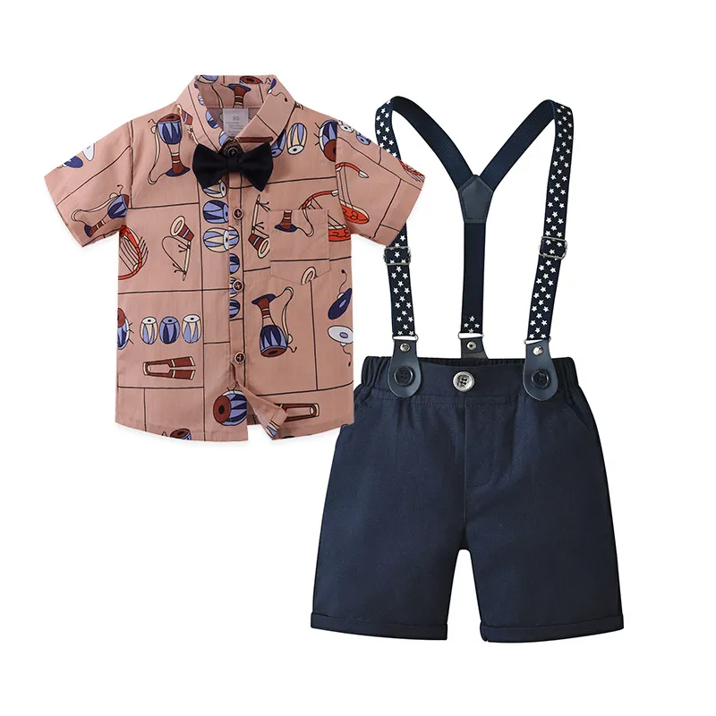 Kids Toddler Boys Summer Fashion Casual British Style Color Bow Lapel Shirt Suspender Trousers Boys Party Clothing Set