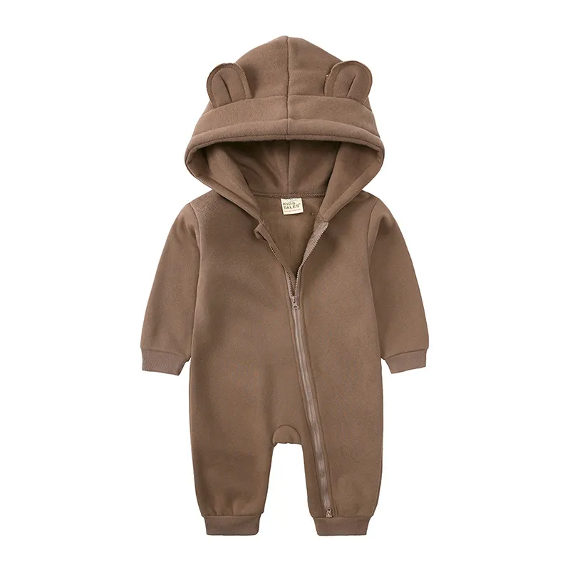 Kids Baby Boys Girls Autumn Winter Casual Cute Solid Color Bear Long Sleeve Hooded Jumpsuit