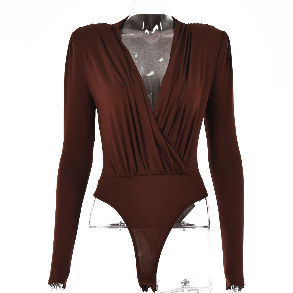 Women Autumn Winter Elegant Wolid Color V Neck Long Sleeve Padded Bodysuit