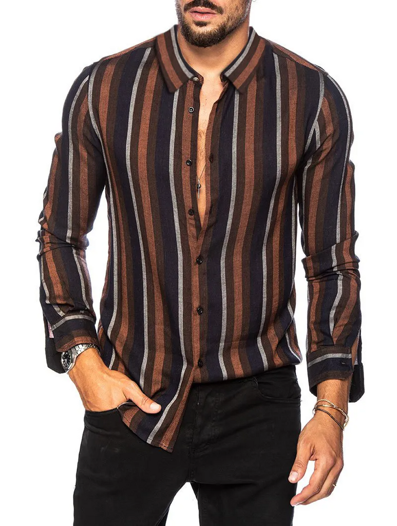 Men Casual Long Sleeve Lapel Stripe Printed Single-Breasted Shirt