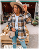 Women Casual Autumn Color Blocking Long-Sleeved Single-Breasted Lapel Loose Plaid Shacket