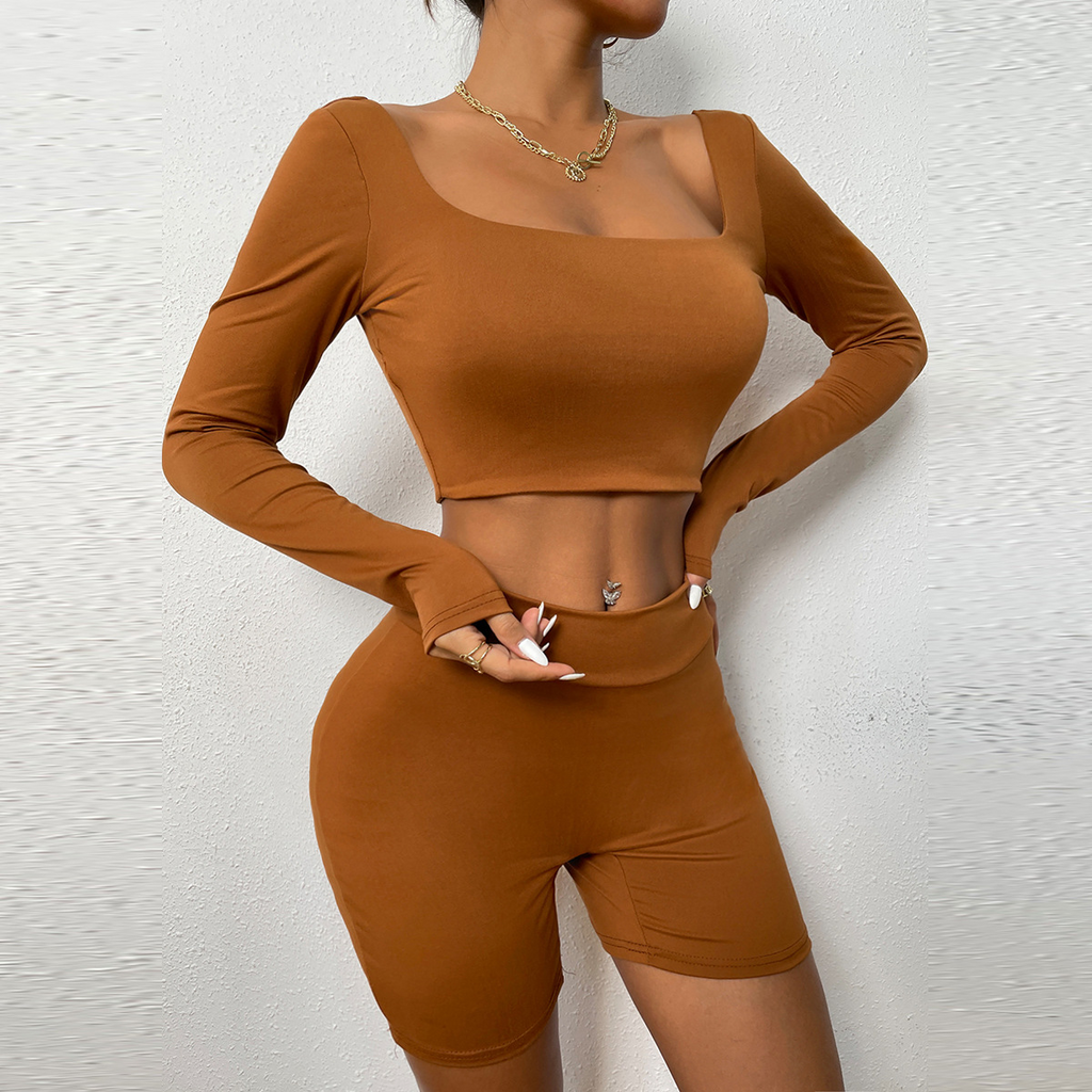 Women Athleisure Basic Long-Sleeve Square Neck Crop Top And Solid Color Shorts Two-Piece Set