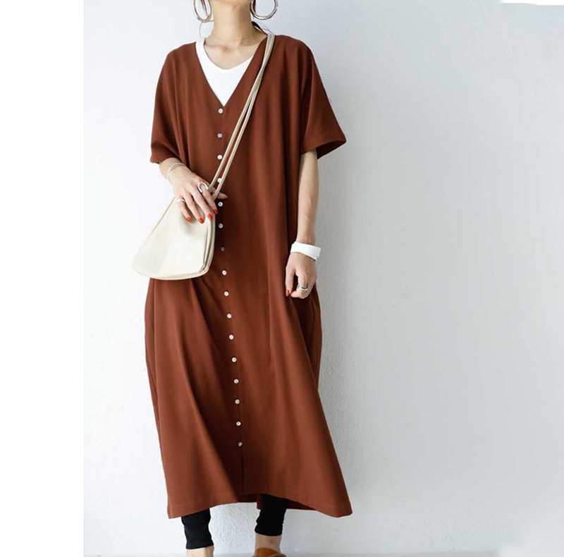 Women Fashion Minimalist Casual Loose Solid Color Short-Sleeve V-Neck Single-Breasted Dress