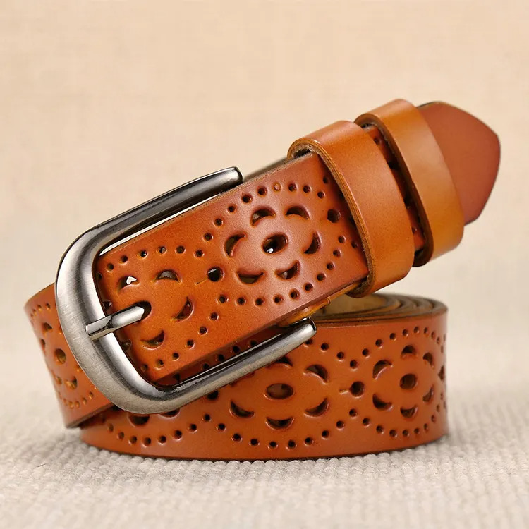 Women Fashion Casual Solid Color Versatile PU Hollow Metal Buckle Belt