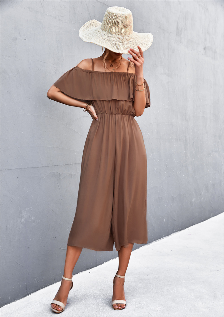 Women Solid Color One-Shoulder Loose Casual Sling Jumpsuit