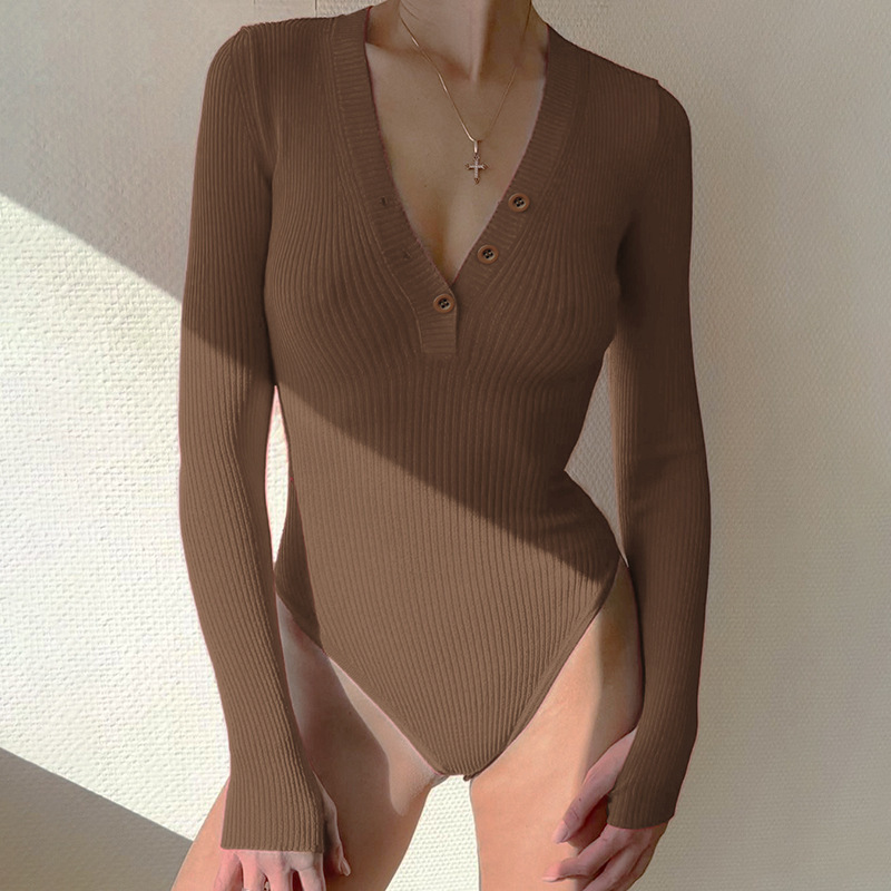 Women Autumn Winter V Neck Buttoned Solid Rib-Knit Basic Bodysuit