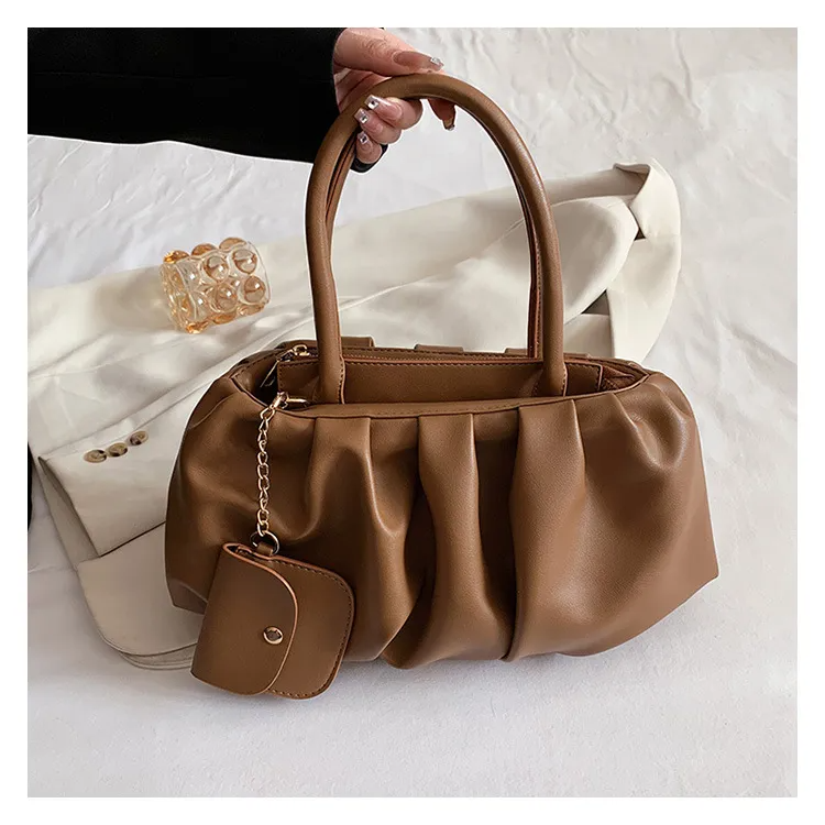 Women Fashionable Solid Color Creased Large Capacity PU Shoulder Handbag